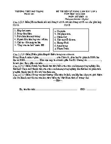 2 Đề thi rèn kĩ năng làm bài Lịch sử 10 - Lần 3 - Năm học 2023-2024 - Trường THPT Mỏ Trạng (Có đáp án)