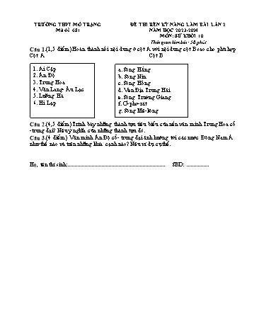 2 Đề thi rèn kĩ năng Lịch sử 10 - Lần 2 - Năm học 2023-2024 - Trường THPT Mỏ Trạng (Có đáp án)