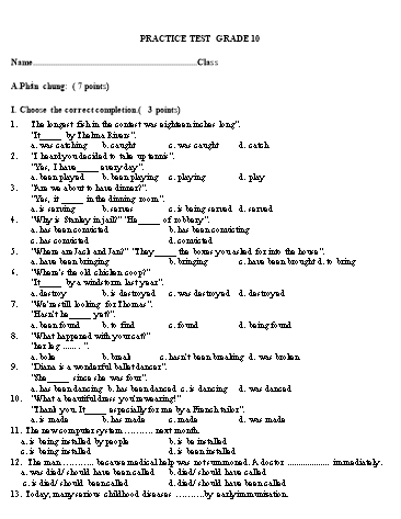 Bài tập ôn tập Tiếng Anh Lớp 10