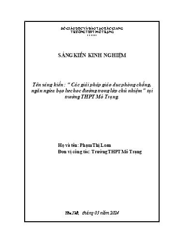 Các giải pháp giáo dục phòng chống, ngăn ngừa bạo lực học đường trong lớp chủ nhiệm tại trường THPT Mỏ Trạng