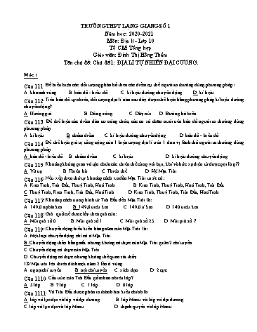 Câu hỏi ôn tập Địa lí 10 - Chủ đề 1: Địa lí tự nhiên đại cương - Năm 2020-2021 - Đinh Thị Hồng Thắm