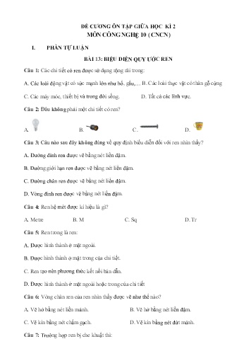 Đề cương ôn tập giữa học kì II Công nghệ Lớp 10