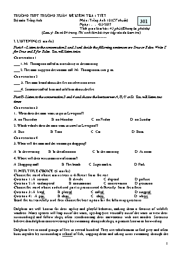 Đề kiểm tra 1 tiết Tiếng Anh 10 - Mã đề 301 - Năm học 2016-2017 - Trường THPT Trường Xuân