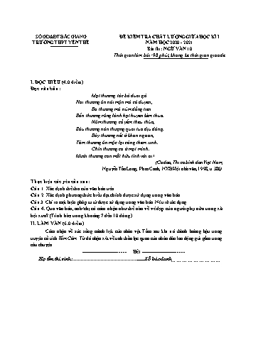 Đề kiểm tra chất lượng giữa học kì I Ngữ văn 10 - Năm học 2020-2021 - Trường THPT Yên Thế (Có đáp án + Ma trận)