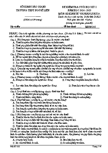 Đề kiểm tra cuối học kì I GDKT&PL 10 - Mã đề 102 - Năm học 2024-2025 - Trường THPT Ngô Sĩ Liên (Có đáp án + Ma trận)