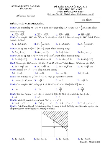 Đề kiểm tra cuối học kì I Toán 10 - Mã đề 101 - Năm học 2022-2023 - Sở GD&ĐT Bắc Giang