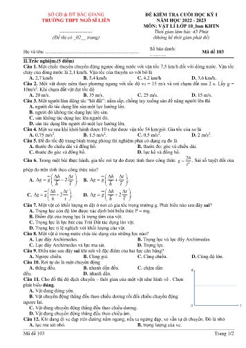Đề kiểm tra cuối học kì I Vật lí 10 - Mã đề 103 - Năm học 2022-2023 - Trường THPT Ngô Sĩ Liên