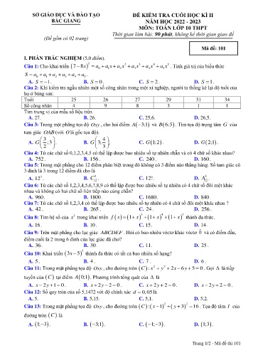 Đề kiểm tra cuối học kì II Toán 10 - Mã đề 101 - Năm học 2022-2023 - Sở GD&ĐT Bắc Giang