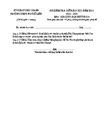 Đề kiểm tra giữa học kì I Giáo dục địa phương 10 - Năm học 2024-2025 - Trường THPT Ngô Sĩ Liên (Có đáp án)