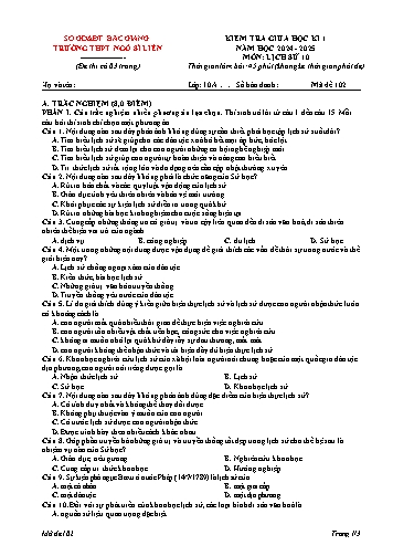 Đề kiểm tra giữa học kì I Lịch sử 10 - Mã đề 102 - Năm học 2024-2025 - Trường THPT Ngô Sĩ Liên (Có đáp án)