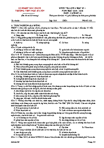 Đề kiểm tra giữa học kì I Lịch sử 10 - Mã đề 103 - Năm học 2024-2025 - Trường THPT Ngô Sĩ Liên (Có đáp án)