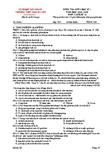 Đề kiểm tra giữa học kì I Lịch sử 10 - Mã đề 105 - Năm học 2024-2025 - Trường THPT Ngô Sĩ Liên (Có đáp án)