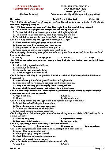 Đề kiểm tra giữa học kì I Lịch sử Lớp 10 - Mã đề 102 - Năm học 2024-2025 - Trường THPT Ngô Sĩ Liên (Có đáp án)