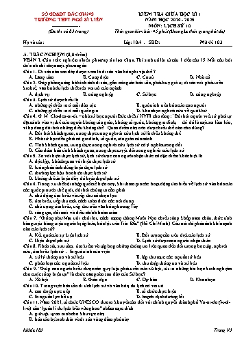 Đề kiểm tra giữa học kì I Lịch sử Lớp 10 - Mã đề 103 - Năm học 2024-2025 - Trường THPT Ngô Sĩ Liên (Có đáp án)