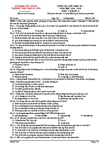 Đề kiểm tra giữa học kì I Lịch sử Lớp 10 - Mã đề 104 - Năm học 2024-2025 - Trường THPT Ngô Sĩ Liên (Có đáp án)