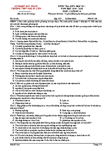 Đề kiểm tra giữa học kì I Lịch sử Lớp 10 - Mã đề 106 - Năm học 2024-2025 - Trường THPT Ngô Sĩ Liên (Có đáp án)