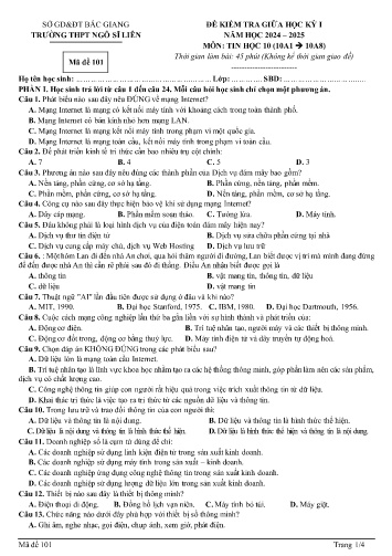 Đề kiểm tra giữa học kì I Tin học 10 - Mã đề 101 - Năm học 2024-2025 - Trường THPT Ngô Sĩ Liên (Có đáp án)