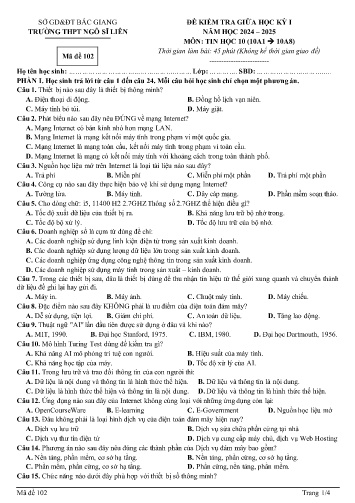 Đề kiểm tra giữa học kì I Tin học 10 - Mã đề 102 - Năm học 2024-2025 - Trường THPT Ngô Sĩ Liên (Có đáp án)