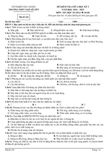 Đề kiểm tra giữa học kì I Tin học 10 - Mã đề 103 - Năm học 2024-2025 - Trường THPT Ngô Sĩ Liên (Có đáp án)