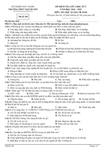 Đề kiểm tra giữa học kì I Tin học 10 - Mã đề 105 - Năm học 2024-2025 - Trường THPT Ngô Sĩ Liên (Có đáp án)
