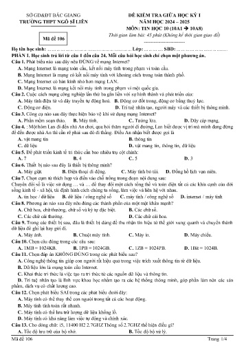 Đề kiểm tra giữa học kì I Tin học 10 - Mã đề 106 - Năm học 2024-2025 - Trường THPT Ngô Sĩ Liên (Có đáp án)