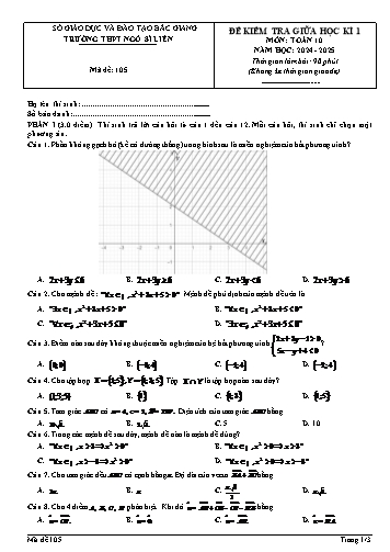 Đề kiểm tra giữa học kì I Toán 10 - Mã đề 105 - Năm học 2024-2025 - Trường THPT Ngô Sĩ Liên (Có đáp án + Ma trận)