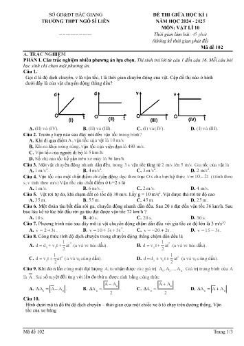 Đề kiểm tra giữa học kì I Vật lí 10 - Mã đề 102 - Năm học 2024-2025 - Trường THPT Ngô Sĩ Liên (Có đáp án + Ma trận)