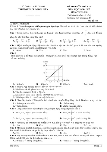 Đề kiểm tra giữa học kì I Vật lí 10 - Mã đề 103 - Năm học 2024-2025 - Trường THPT Ngô Sĩ Liên (Có đáp án + Ma trận)