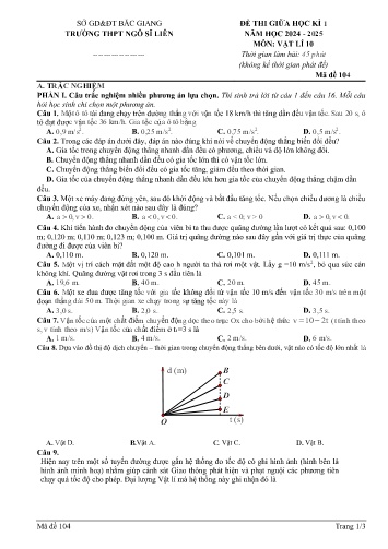 Đề kiểm tra giữa học kì I Vật lí 10 - Mã đề 104 - Năm học 2024-2025 - Trường THPT Ngô Sĩ Liên (Có đáp án + Ma trận)