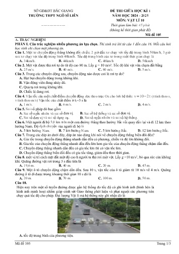 Đề kiểm tra giữa học kì I Vật lí 10 - Mã đề 105 - Năm học 2024-2025 - Trường THPT Ngô Sĩ Liên (Có đáp án + Ma trận)