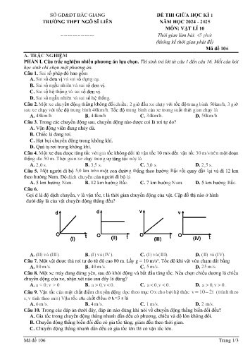 Đề kiểm tra giữa học kì I Vật lí 10 - Mã đề 106 - Năm học 2024-2025 - Trường THPT Ngô Sĩ Liên (Có đáp án + Ma trận)