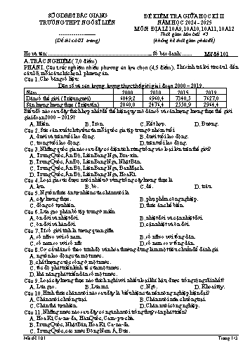 Đề kiểm tra giữa học kì II Địa lí 10 - Mã đề 101 - Năm học 2024-2025 - Trường THPT Ngô Sĩ Liên (Có đáp án + Ma trận)
