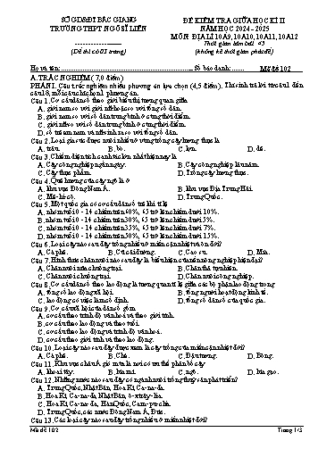 Đề kiểm tra giữa học kì II Địa lí 10 - Mã đề 102 - Năm học 2024-2025 - Trường THPT Ngô Sĩ Liên (Có đáp án + Ma trận)