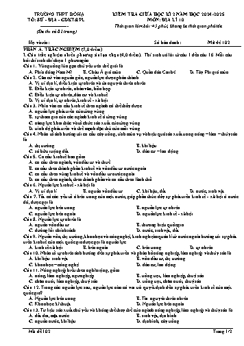 Đề kiểm tra giữa học kì II Địa lí 10 - Mã đề 102 - Năm học 2024-2025 - Trường THPT Bố Hạ (Có đáp án + Ma trận)