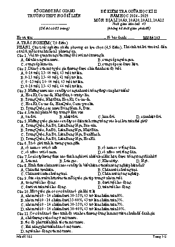 Đề kiểm tra giữa học kì II Địa lí 10 - Mã đề 103 - Năm học 2024-2025 - Trường THPT Ngô Sĩ Liên (Có đáp án + Ma trận)