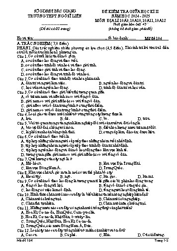 Đề kiểm tra giữa học kì II Địa lí 10 - Mã đề 104 - Năm học 2024-2025 - Trường THPT Ngô Sĩ Liên (Có đáp án + Ma trận)