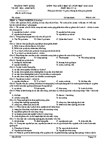 Đề kiểm tra giữa học kì II Địa lí 10 - Mã đề 104 - Năm học 2024-2025 - Trường THPT Bố Hạ (Có đáp án + Ma trận)