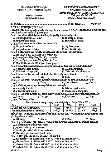 Đề kiểm tra giữa học kì II Địa lí 10 - Mã đề 105 - Năm học 2024-2025 - Trường THPT Ngô Sĩ Liên (Có đáp án + Ma trận)