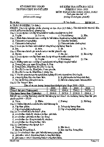 Đề kiểm tra giữa học kì II Địa lí 10 - Mã đề 106 - Năm học 2024-2025 - Trường THPT Ngô Sĩ Liên (Có đáp án + Ma trận)
