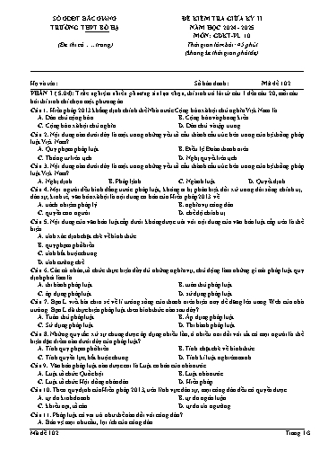 Đề kiểm tra giữa học kì II GDKT&PL 10 - Mã đề 102 - Năm học 2024-2025 - Trường THPT Bố Hạ (Có đáp án + Ma trận)