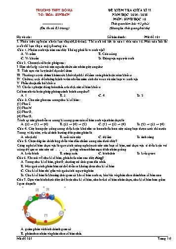 Đề kiểm tra giữa học kì II Sinh học 10 - Mã đề 101 - Năm học 2024-2025 - Trường THPT Bố Hạ (Có đáp án + Ma trận)