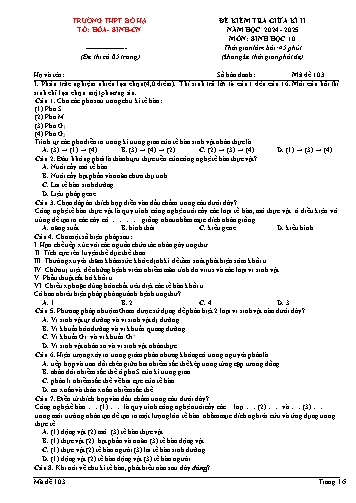 Đề kiểm tra giữa học kì II Sinh học 10 - Mã đề 103 - Năm học 2024-2025 - Trường THPT Bố Hạ (Có đáp án + Ma trận)