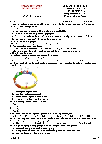 Đề kiểm tra giữa học kì II Sinh học 10 - Năm học 2024-2025 - Trường THPT Bố Hạ (Có đáp án + Ma trận)