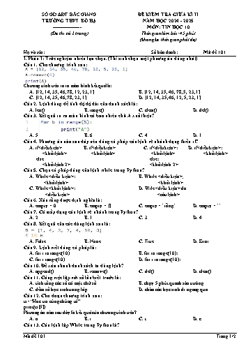 Đề kiểm tra giữa học kì II Tin học 10 - Mã đề 101 - Năm học 2024-2025 - Trường THPT Bố Hạ (Có đáp án + Ma trận)