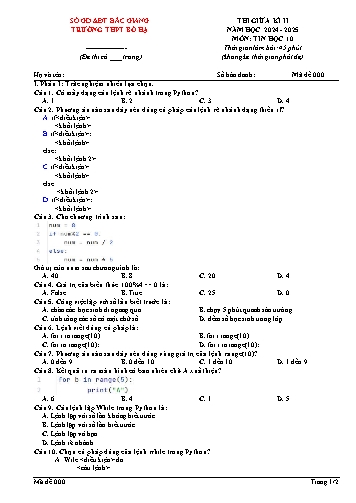 Đề kiểm tra giữa học kì II Tin học 10 - Năm học 2024-2025 - Trường THPT Bố Hạ (Có đáp án + Ma trận)