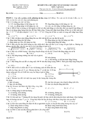 Đề kiểm tra giữa học kì II Vật lí 10 - Mã đề 101 - Năm học 2024-2025 - Trường THPT Bố Hạ (Có đáp án + Ma trận)