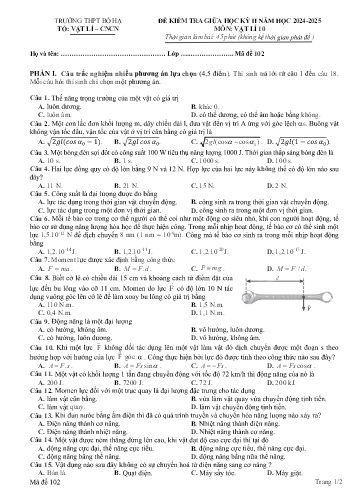 Đề kiểm tra giữa học kì II Vật lí 10 - Mã đề 102 - Năm học 2024-2025 - Trường THPT Bố Hạ (Có đáp án + Ma trận)