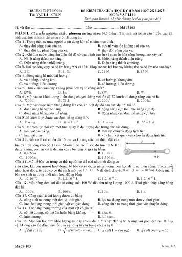 Đề kiểm tra giữa học kì II Vật lí 10 - Mã đề 103 - Năm học 2024-2025 - Trường THPT Bố Hạ (Có đáp án + Ma trận)