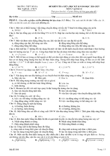 Đề kiểm tra giữa học kì II Vật lí 10 - Mã đề 104 - Năm học 2024-2025 - Trường THPT Bố Hạ (Có đáp án + Ma trận)