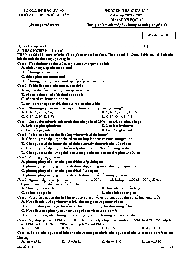Đề kiểm tra giữa kì I Sinh học 10 - Mã đề 101 - Năm học 2024-2025 - Trường THPT Ngô Sĩ Liên (Có đáp án + Ma trận)